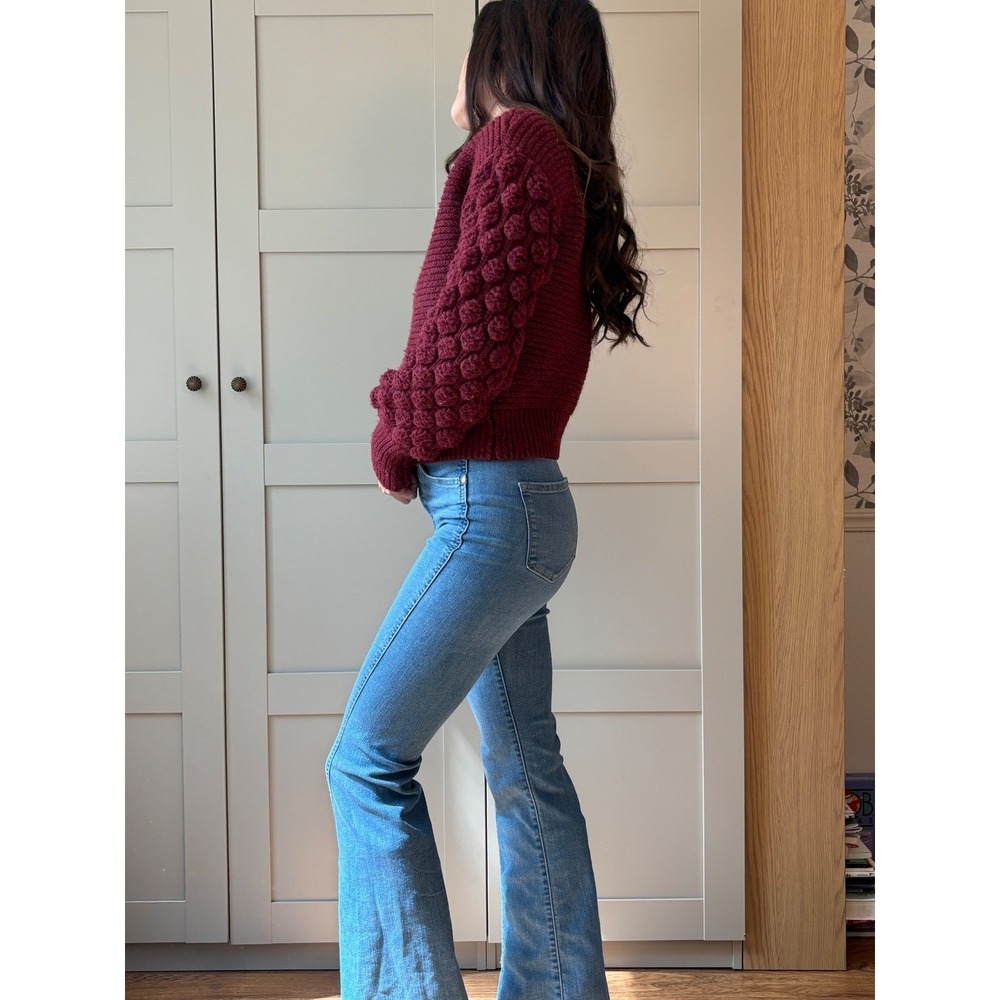 Harper Heritage Burgundy Popcorn Bubble Sleeve Mock Neck Chunky Knit Sweater